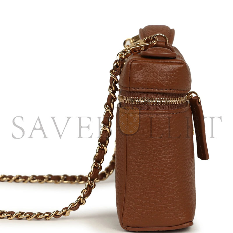 Ch**el MASTER GRAINED CALFSKIN TOP HANDLE SLIM VANITY CASE WITH CHAIN CAMEL CAMEL (19*12*5cm)